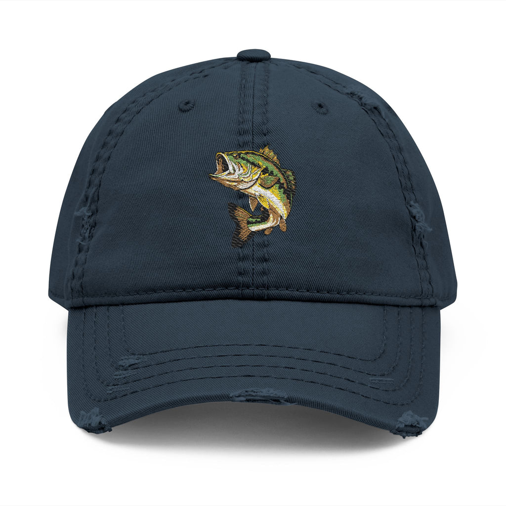 92 - Fish Embroidered Distressed Dad Hat - Embroidered Vintage Beach Cap