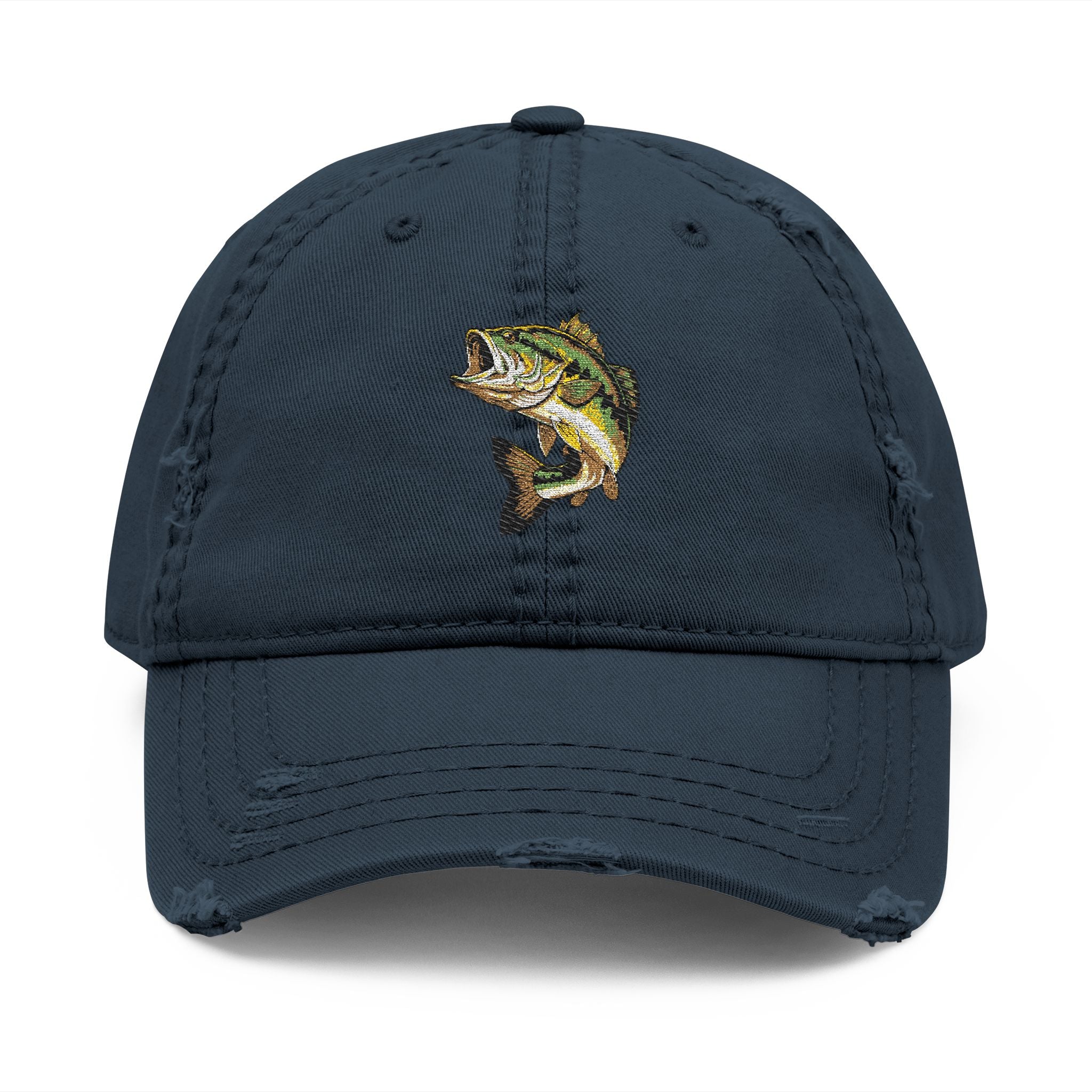 92 - Fish Embroidered Distressed Dad Hat - Embroidered Vintage Beach Cap