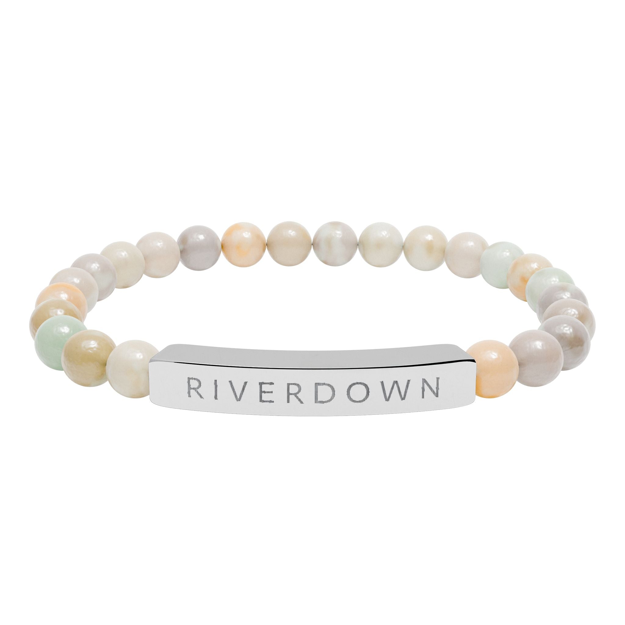 927 - Engraved Natural Stone Stretch Bar Bracelet — Personalized Riverdown Bead Bracelet