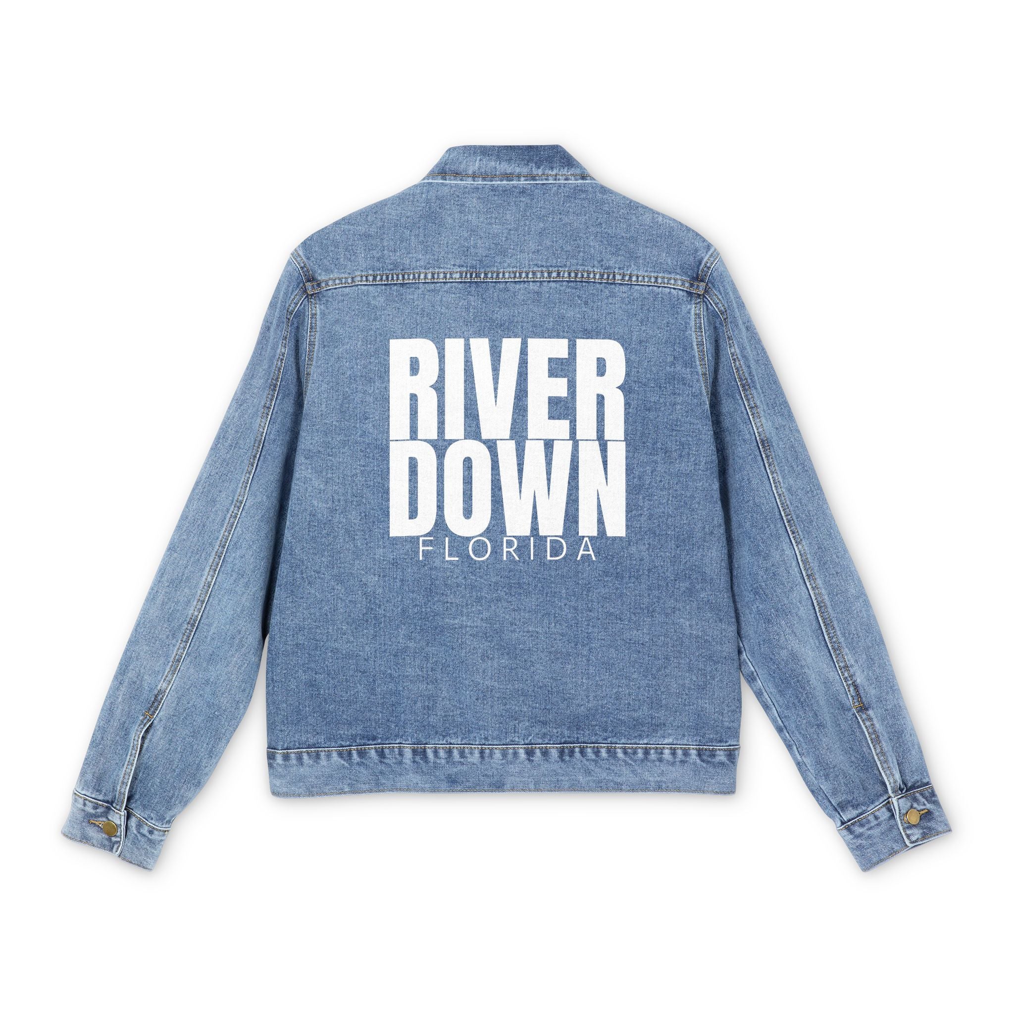 52 - Denim Jacket — 'RIVERDOWN' Back Print Men's Vintage-Style Jean Jacket