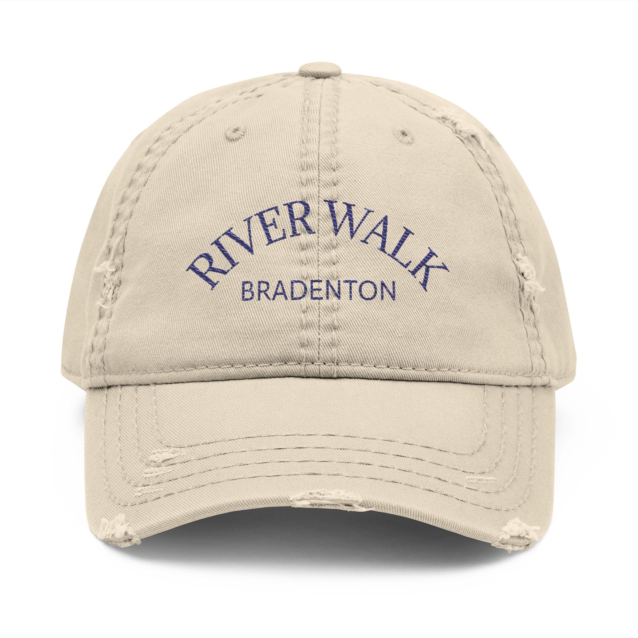 92 - River Walk Distressed Embroidered "River Walk Bradenton" Dad Hat — Vintage Washed Baseball Cap
