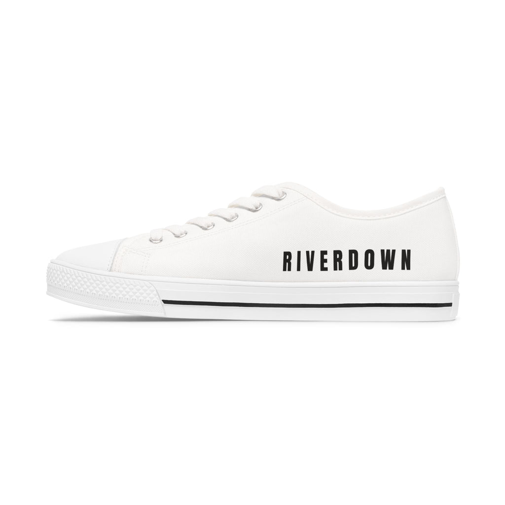 81 - Women's White Cap Low Top Sneakers — Minimal White Canvas Sneakers with 'RIVERDOWN' Side Text