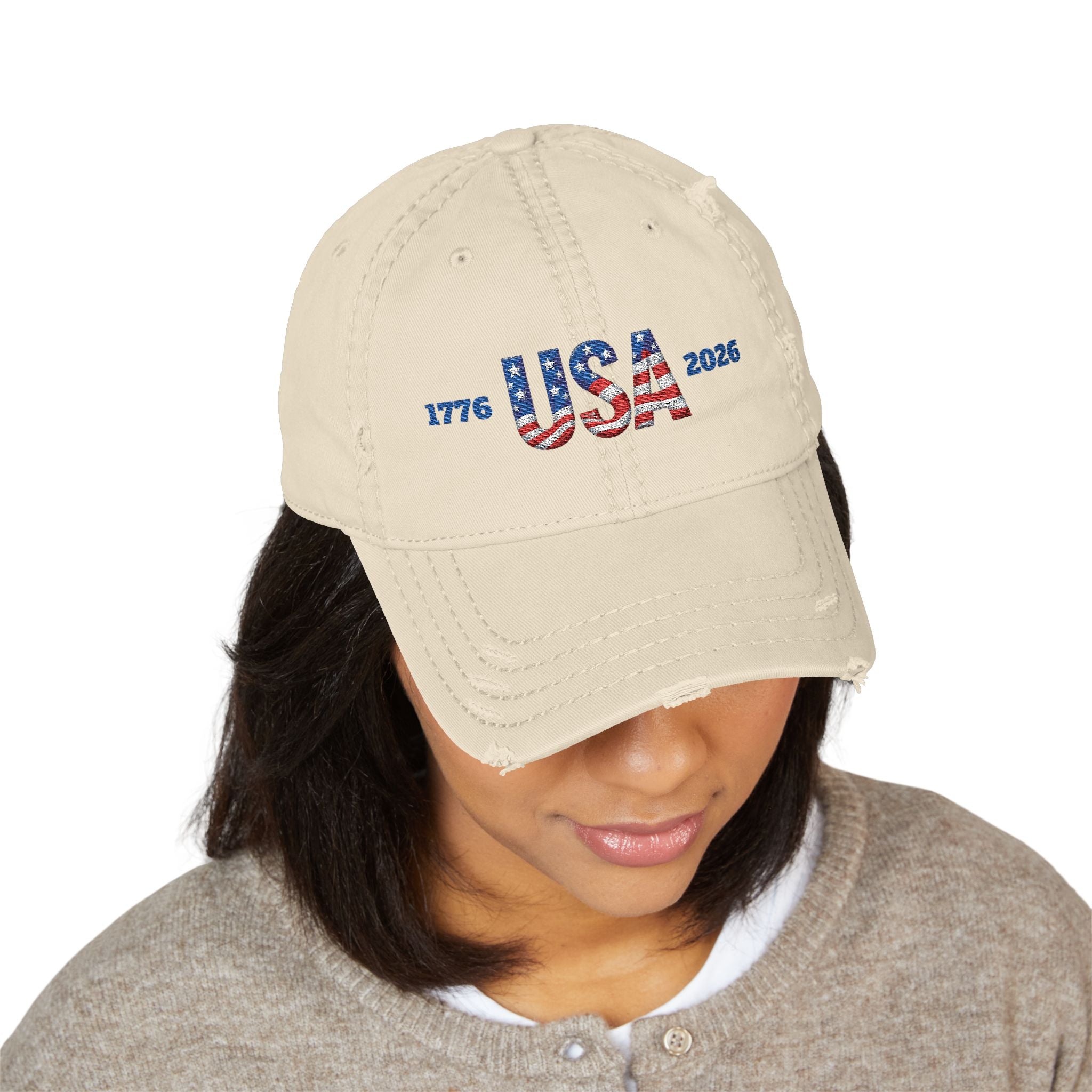 920 - Hat USA 1776 - 2026 Distressed Embroidered 'Riverdown' Dad Hat – Vintage Washed Baseball Cap