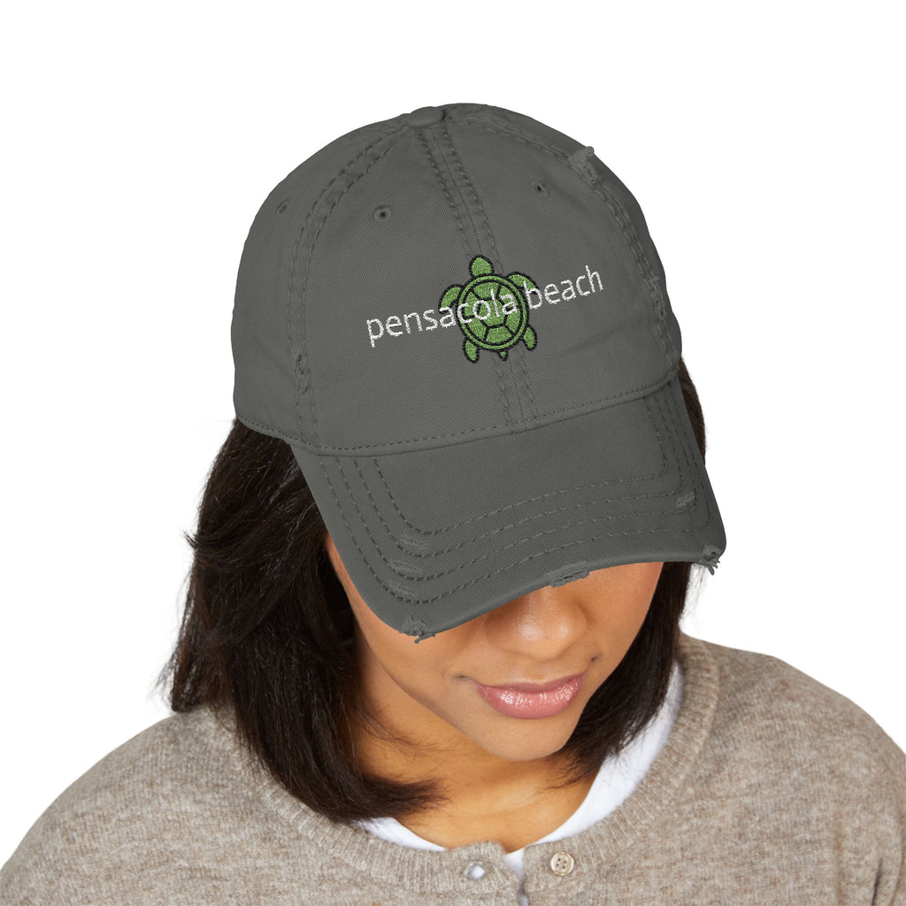 935 - Pensacola Beach Sea Turtle Embroidered Distressed Dad Hat - Embroidered Vintage Beach Cap