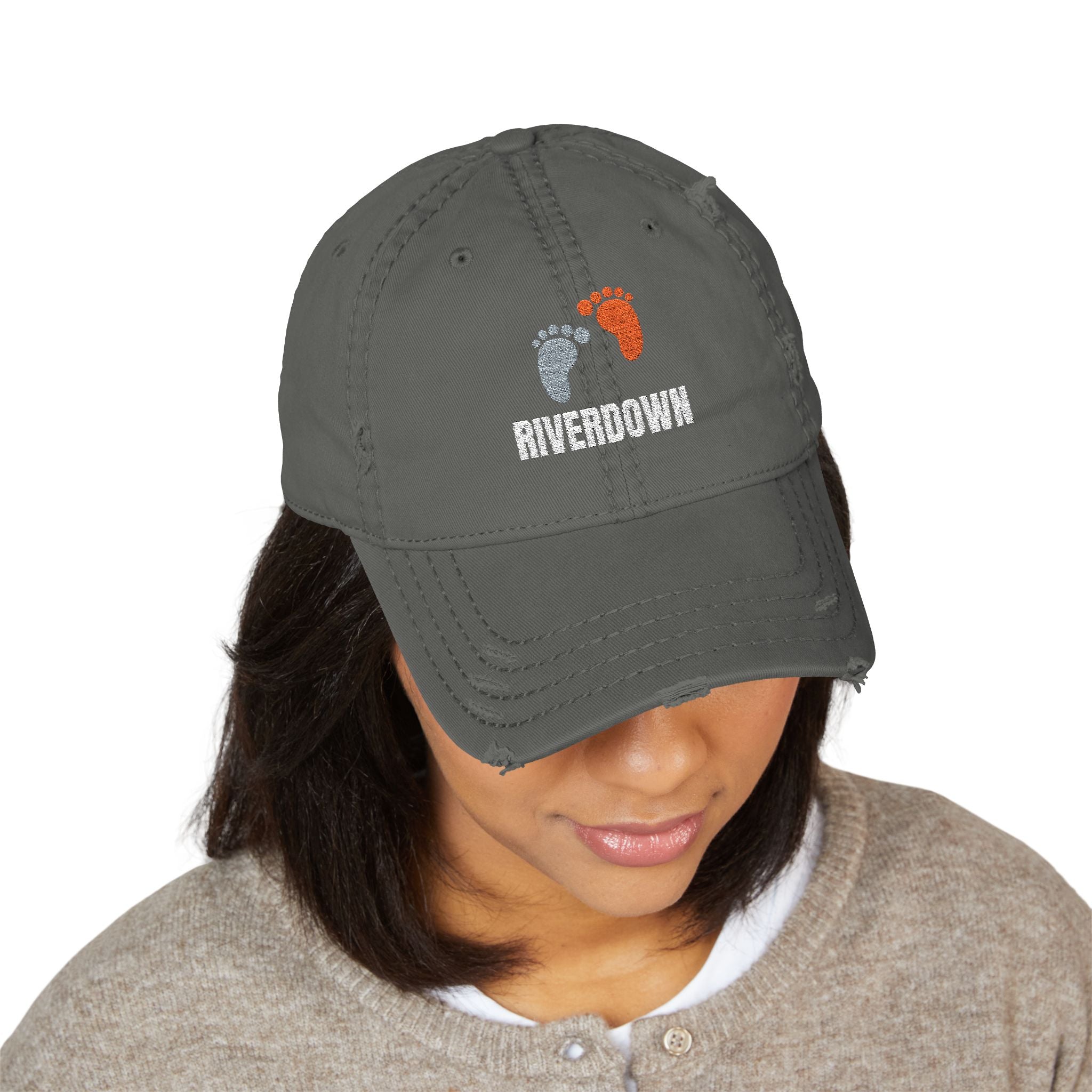 92 - Riverdown Feet Embroidered Distressed Dad Hat - Embroidered Vintage Beach Cap