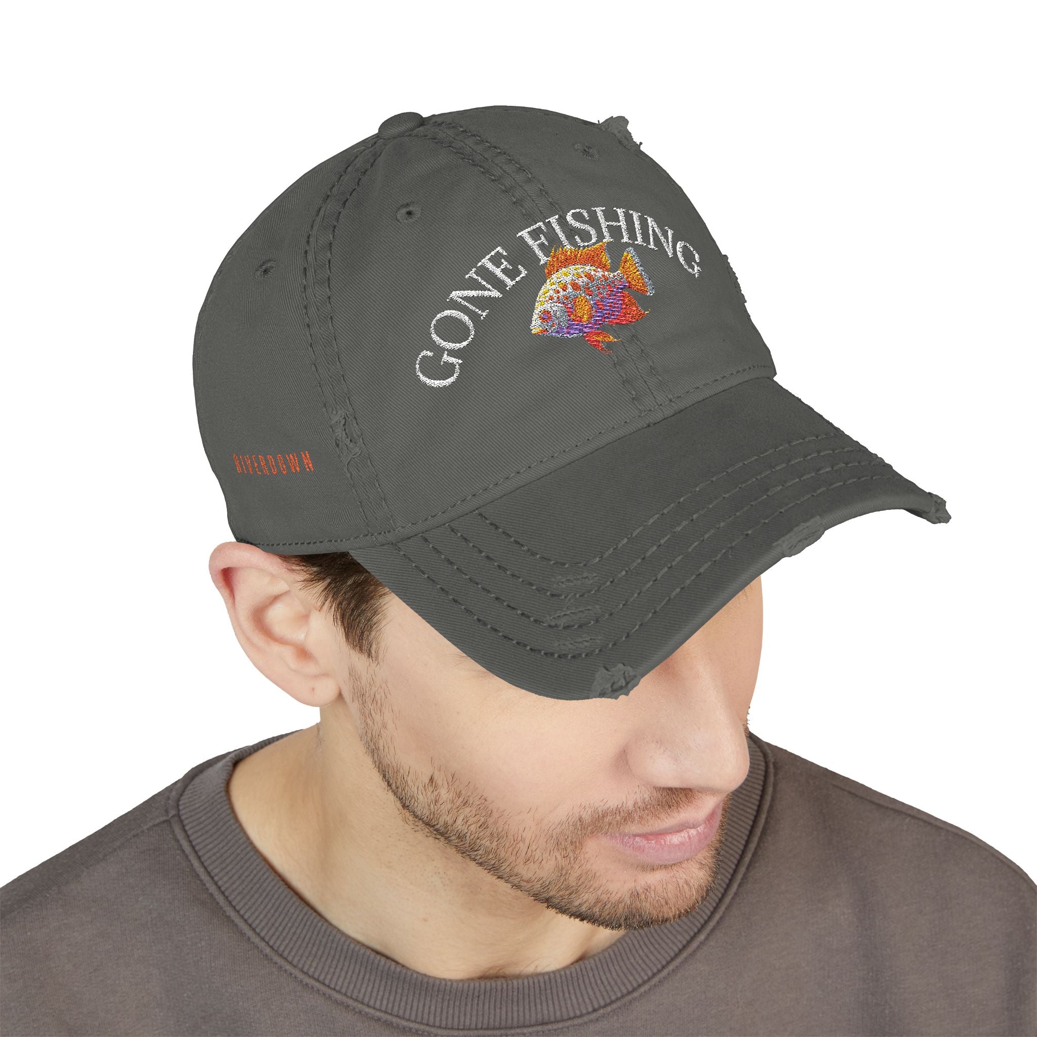 92 - Gone Fishing Embroidered Distressed Dad Hat - Embroidered Vintage Beach Cap