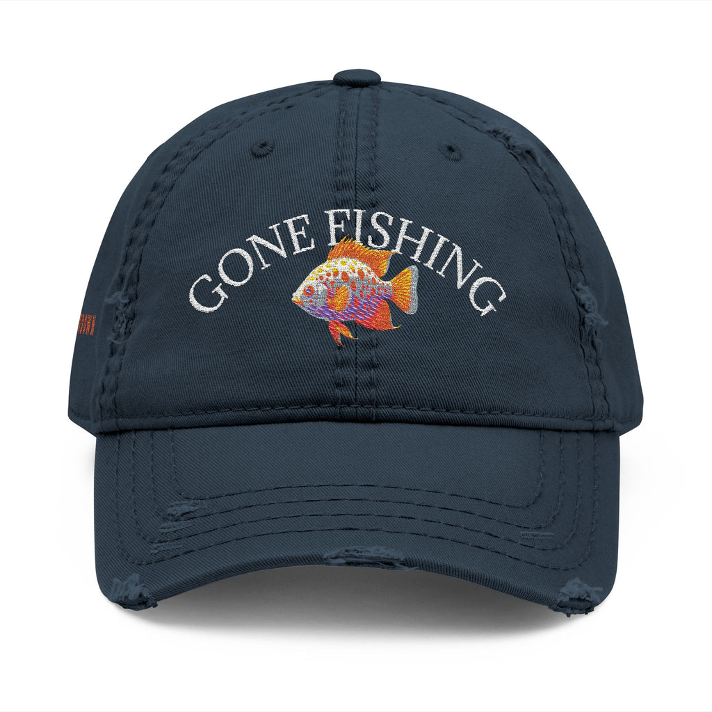 92 - Gone Fishing Embroidered Distressed Dad Hat - Embroidered Vintage Beach Cap