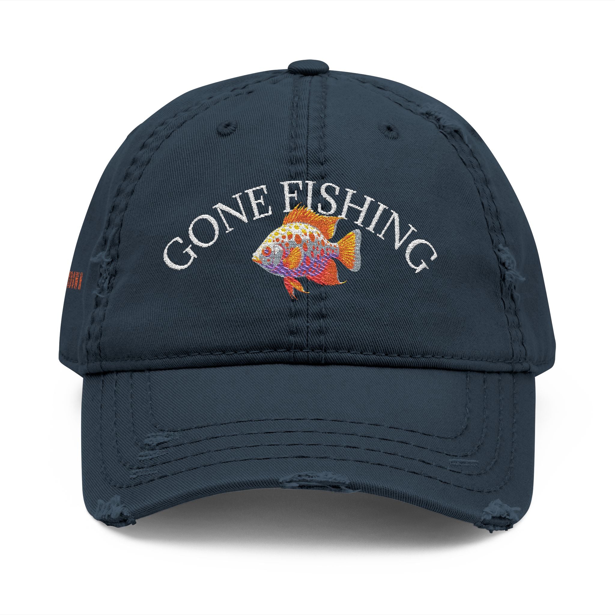 92 - Gone Fishing Embroidered Distressed Dad Hat - Embroidered Vintage Beach Cap