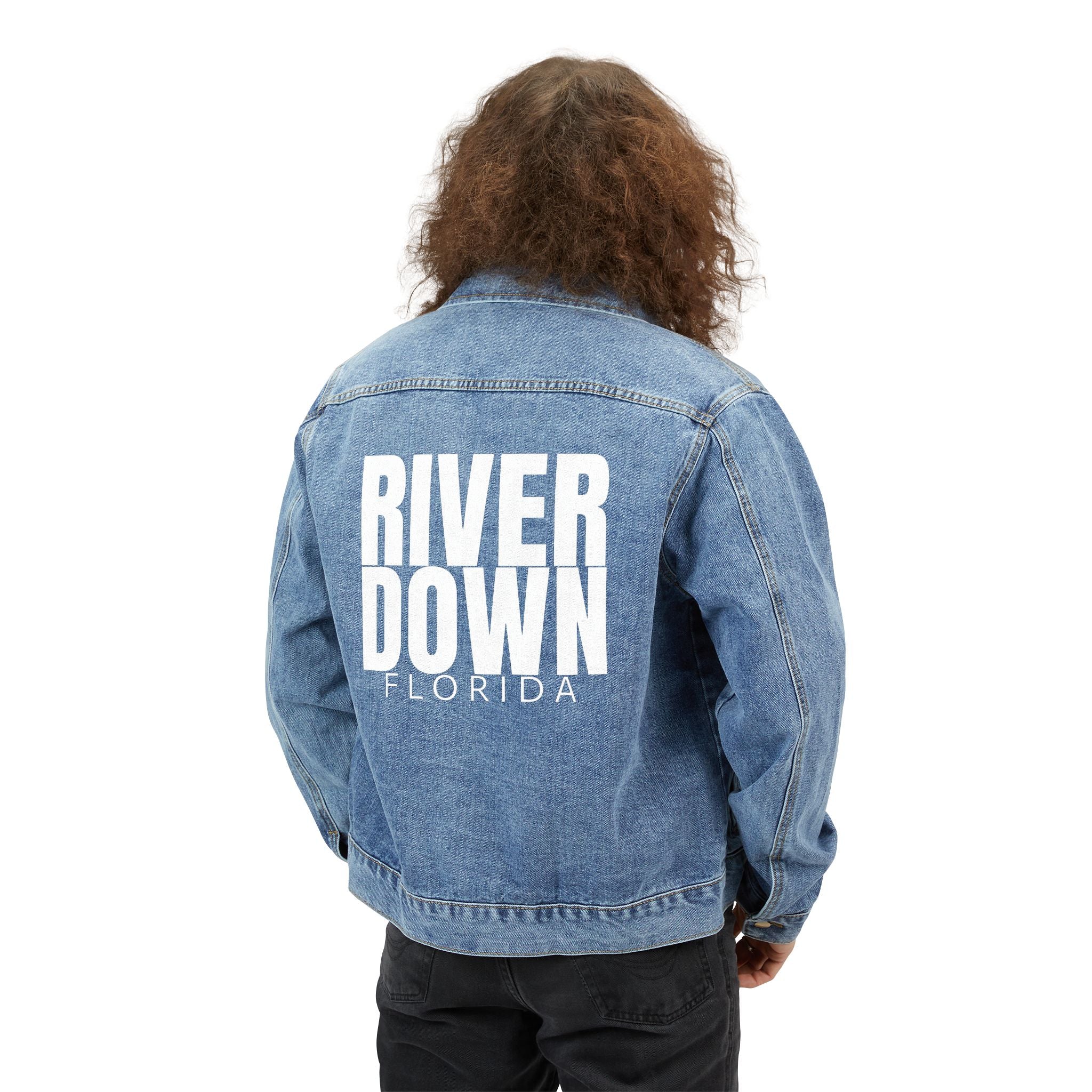 52 - Denim Jacket — 'RIVERDOWN' Back Print Men's Vintage-Style Jean Jacket
