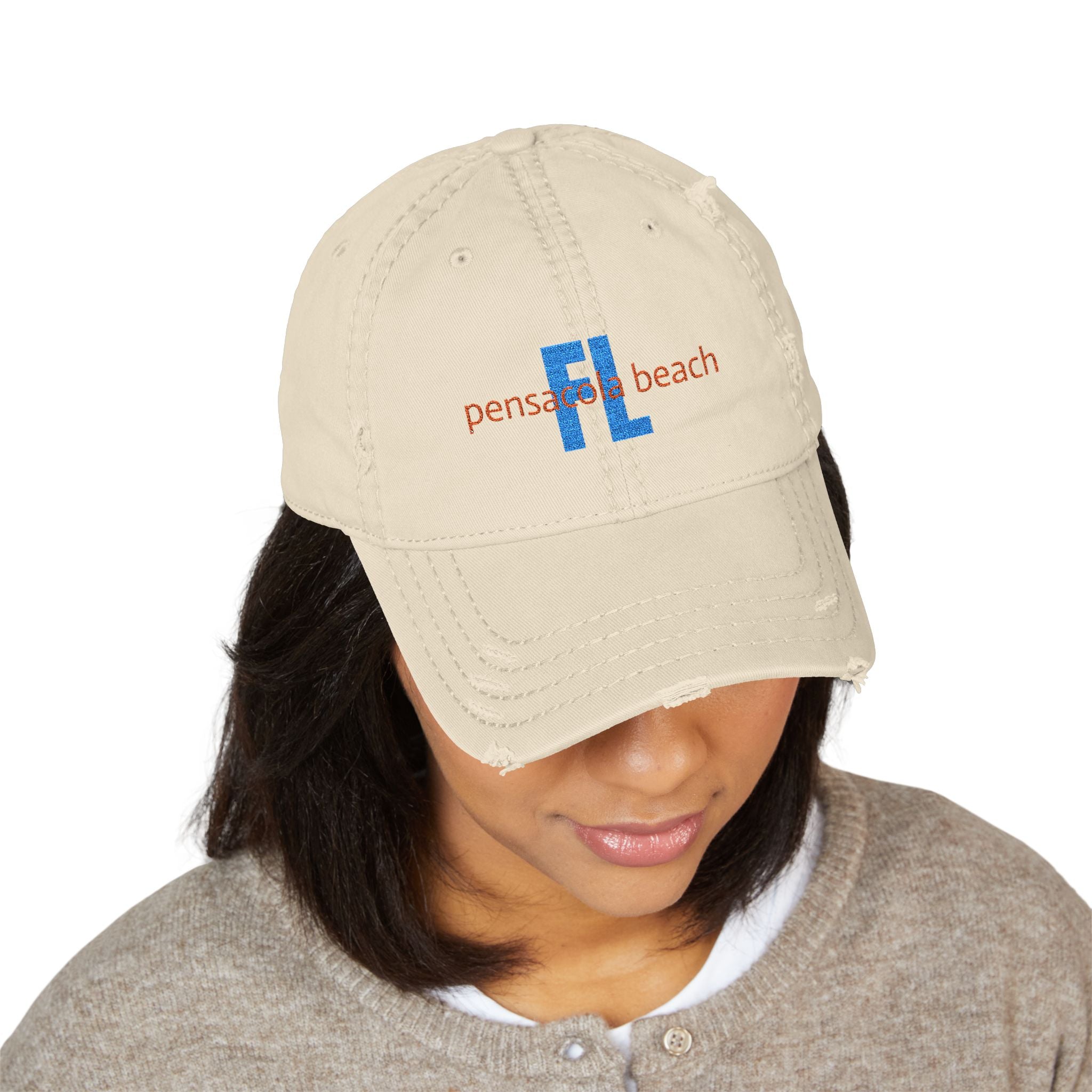 935 - Pensacola Beach Embroidered Distressed Dad Hat - Embroidered Vintage Beach Cap