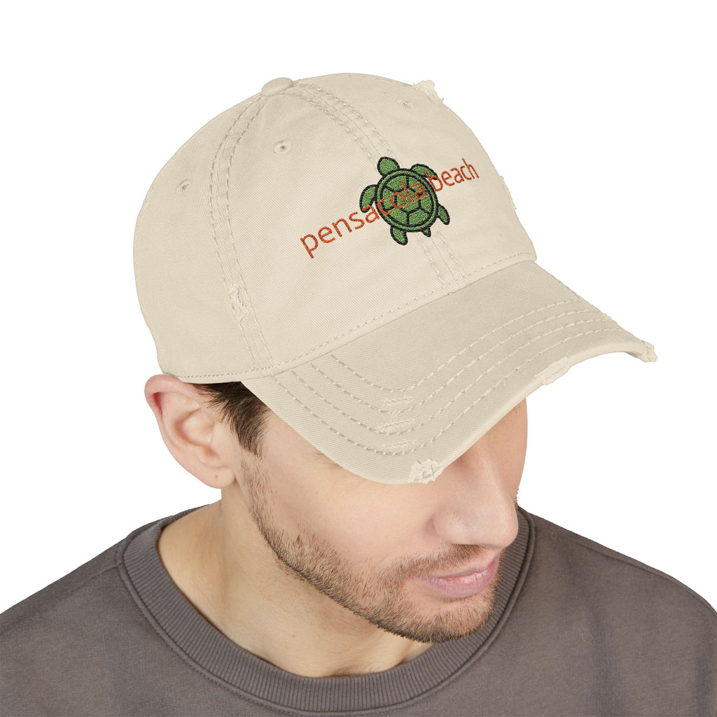 935 - Pensacola Beach Sea Turtle Embroidered Distressed Dad Hat - Embroidered Vintage Beach Cap