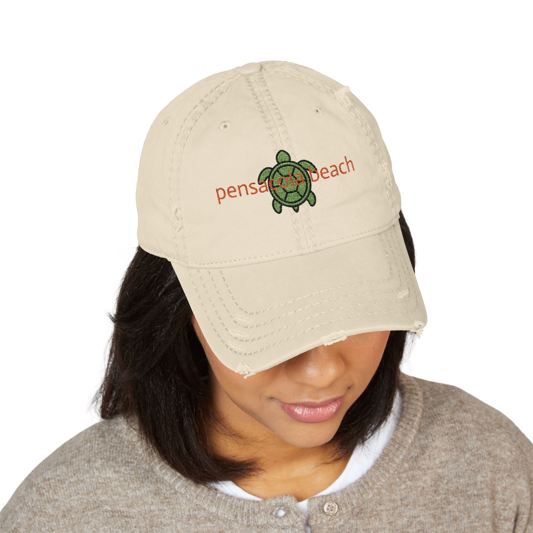 935 - Pensacola Beach Sea Turtle Embroidered Distressed Dad Hat - Embroidered Vintage Beach Cap