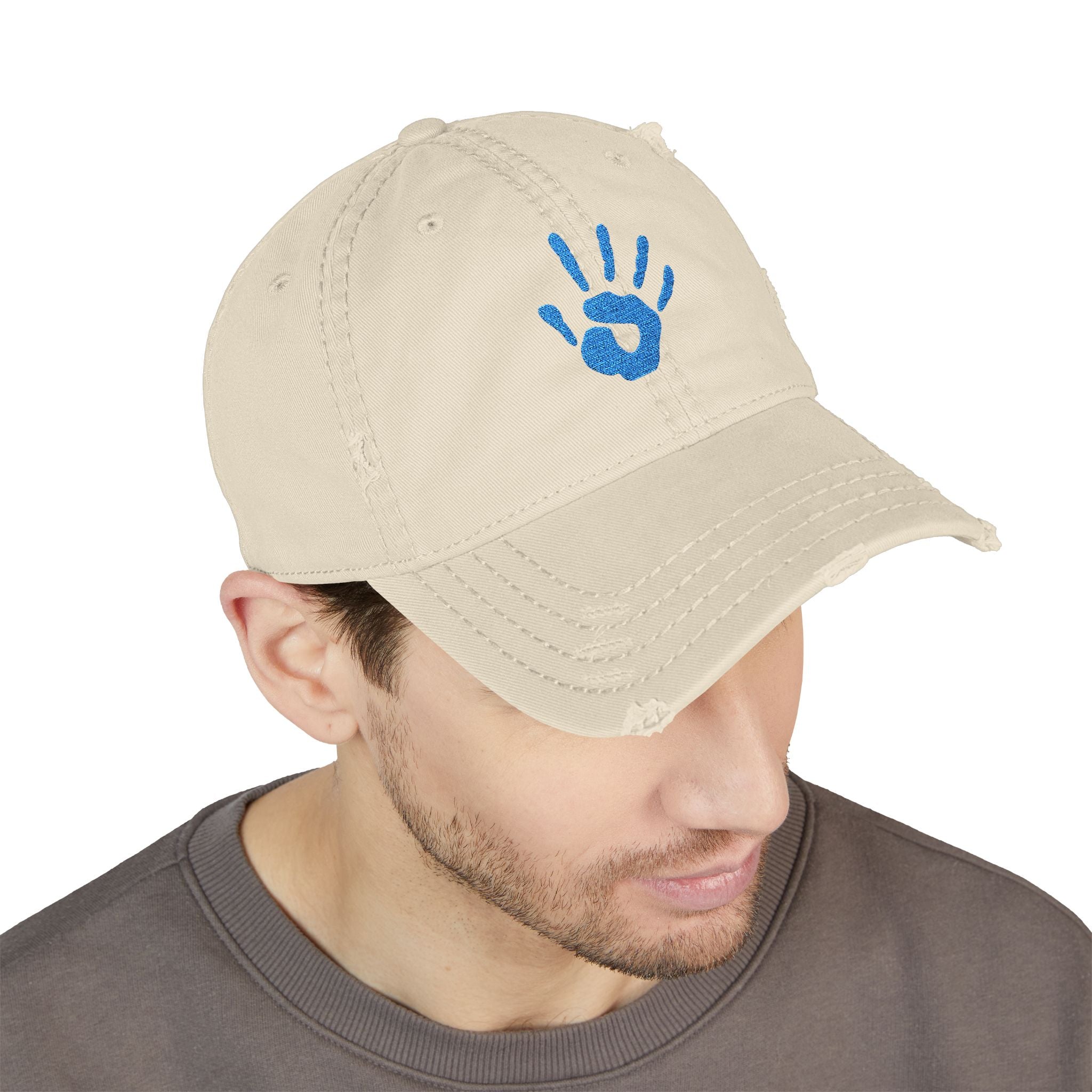 92 - Handprint Embroidered Distressed Dad Hat - Embroidered Vintage Beach Cap