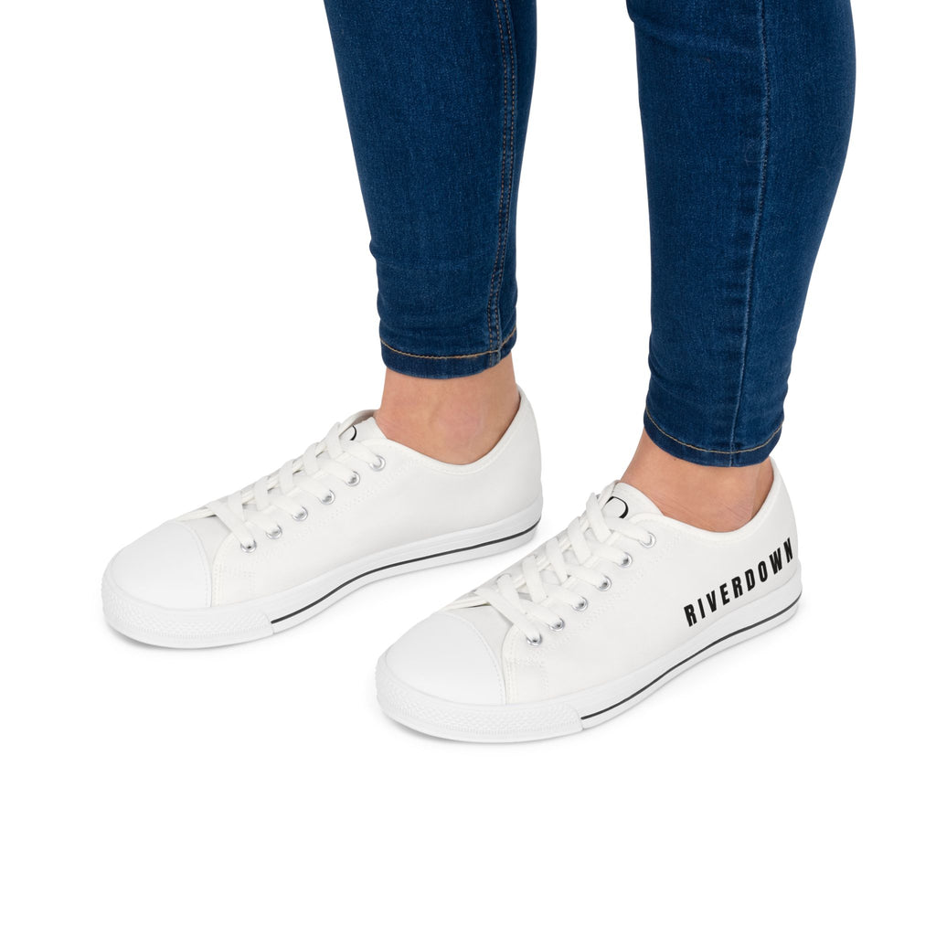 81 - Women's White Cap Low Top Sneakers — Minimal White Canvas Sneakers with 'RIVERDOWN' Side Text