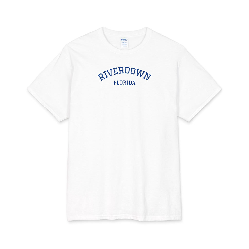 10 - River Down Cotton College Style Tee — Minimal Retro Badge Cotton T‑Shirt