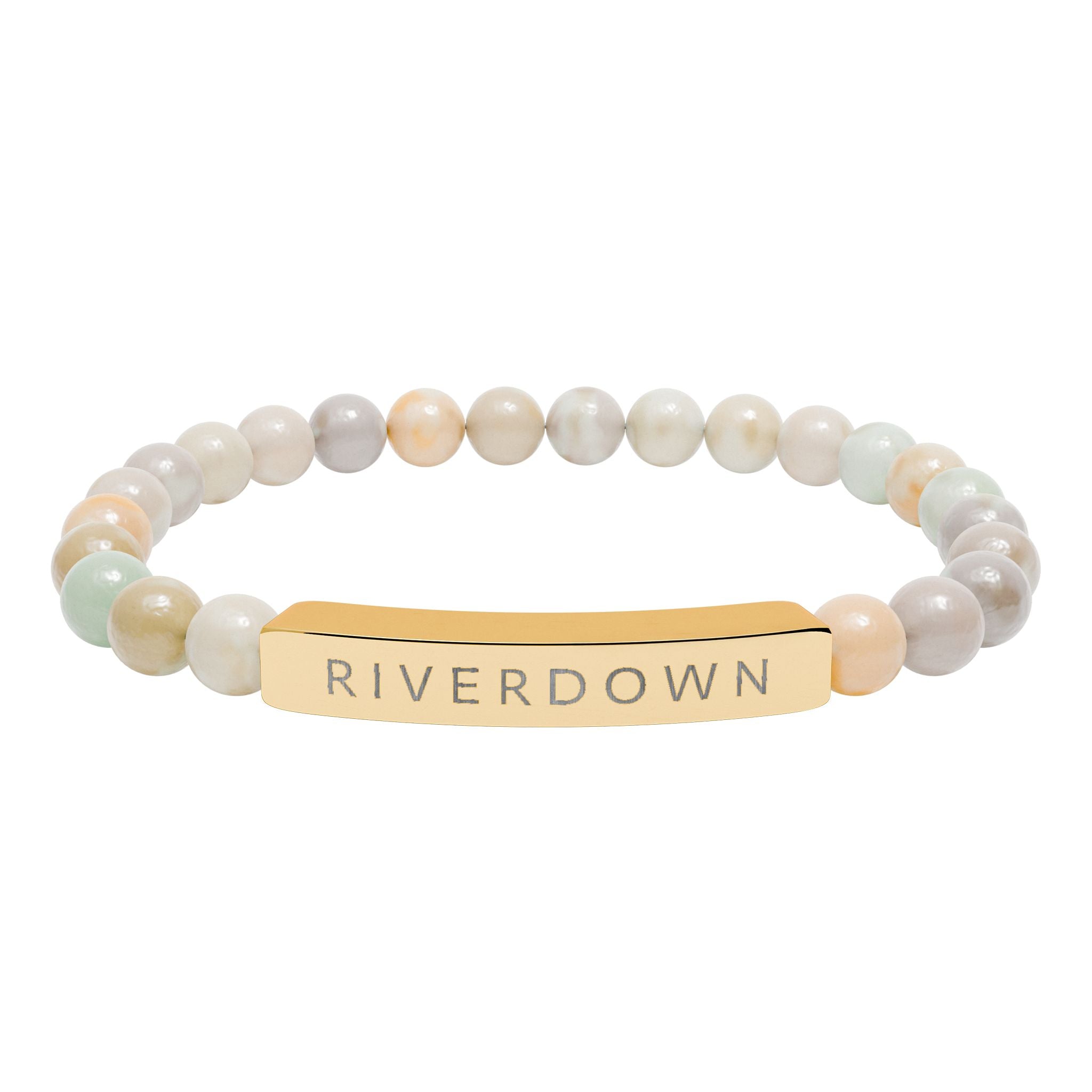 927 - Engraved Natural Stone Stretch Bar Bracelet — Personalized Riverdown Bead Bracelet