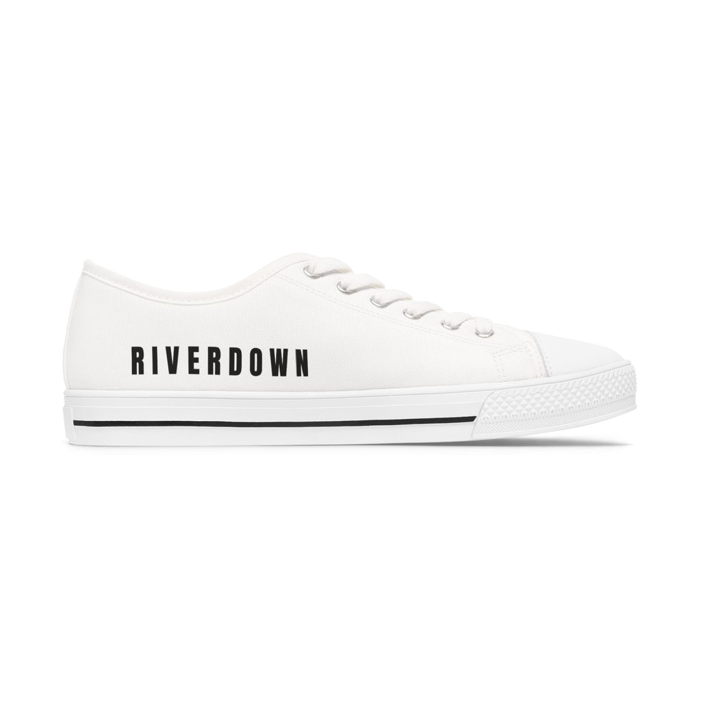 81 - Women's White Cap Low Top Sneakers — Minimal White Canvas Sneakers with 'RIVERDOWN' Side Text
