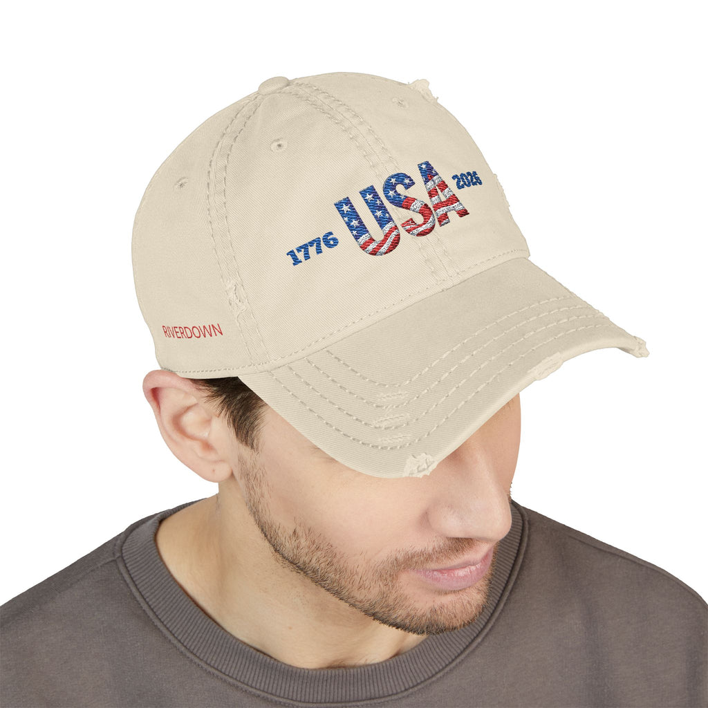 920 - Hat USA 1776 - 2026 Distressed Embroidered 'Riverdown' Dad Hat – Vintage Washed Baseball Cap