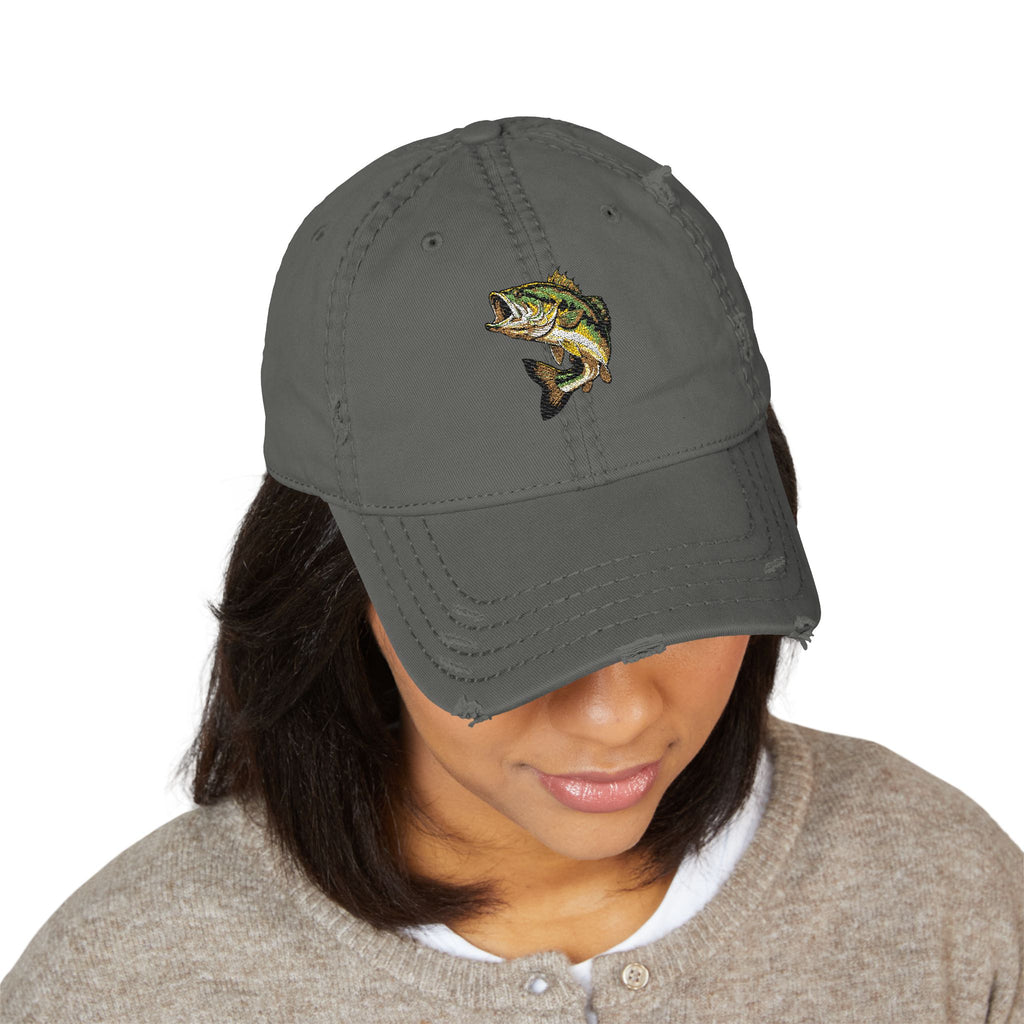 92 - Fish Embroidered Distressed Dad Hat - Embroidered Vintage Beach Cap