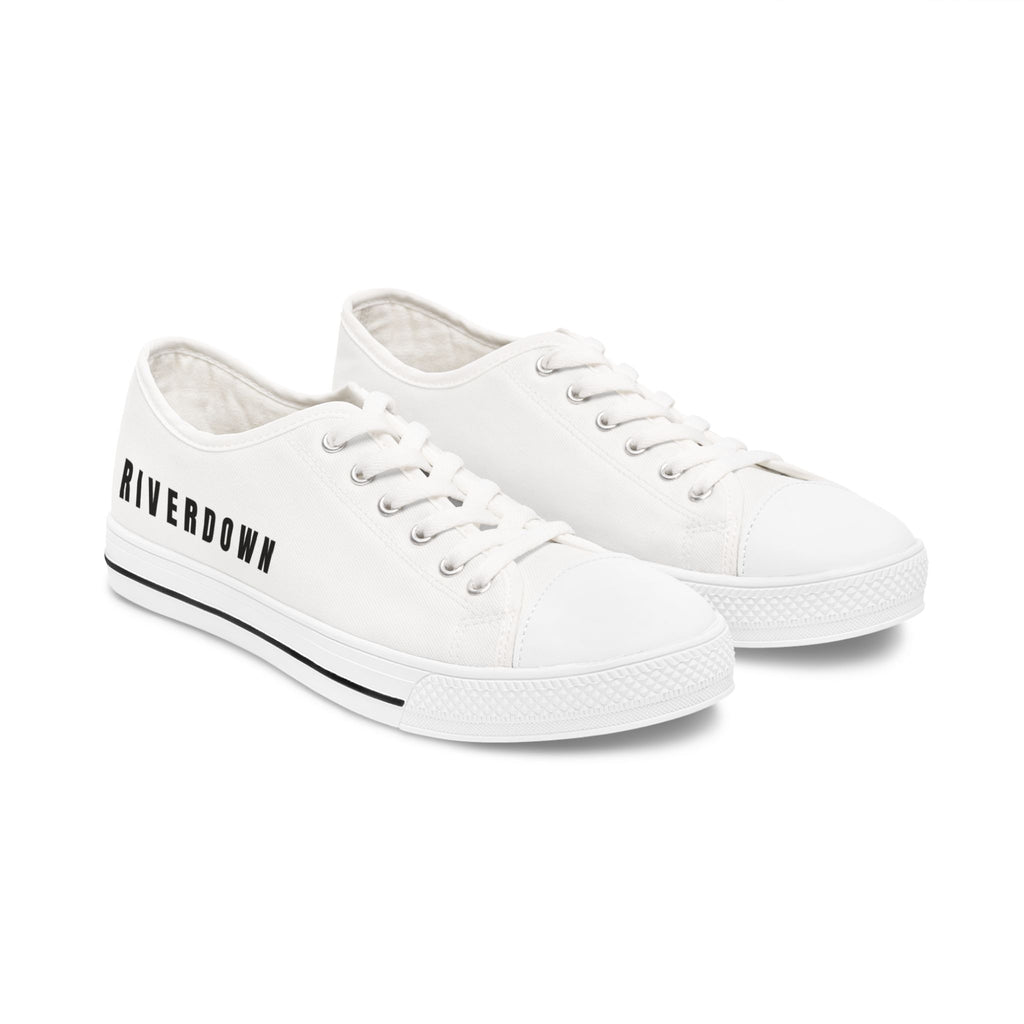 81 - Women's White Cap Low Top Sneakers — Minimal White Canvas Sneakers with 'RIVERDOWN' Side Text