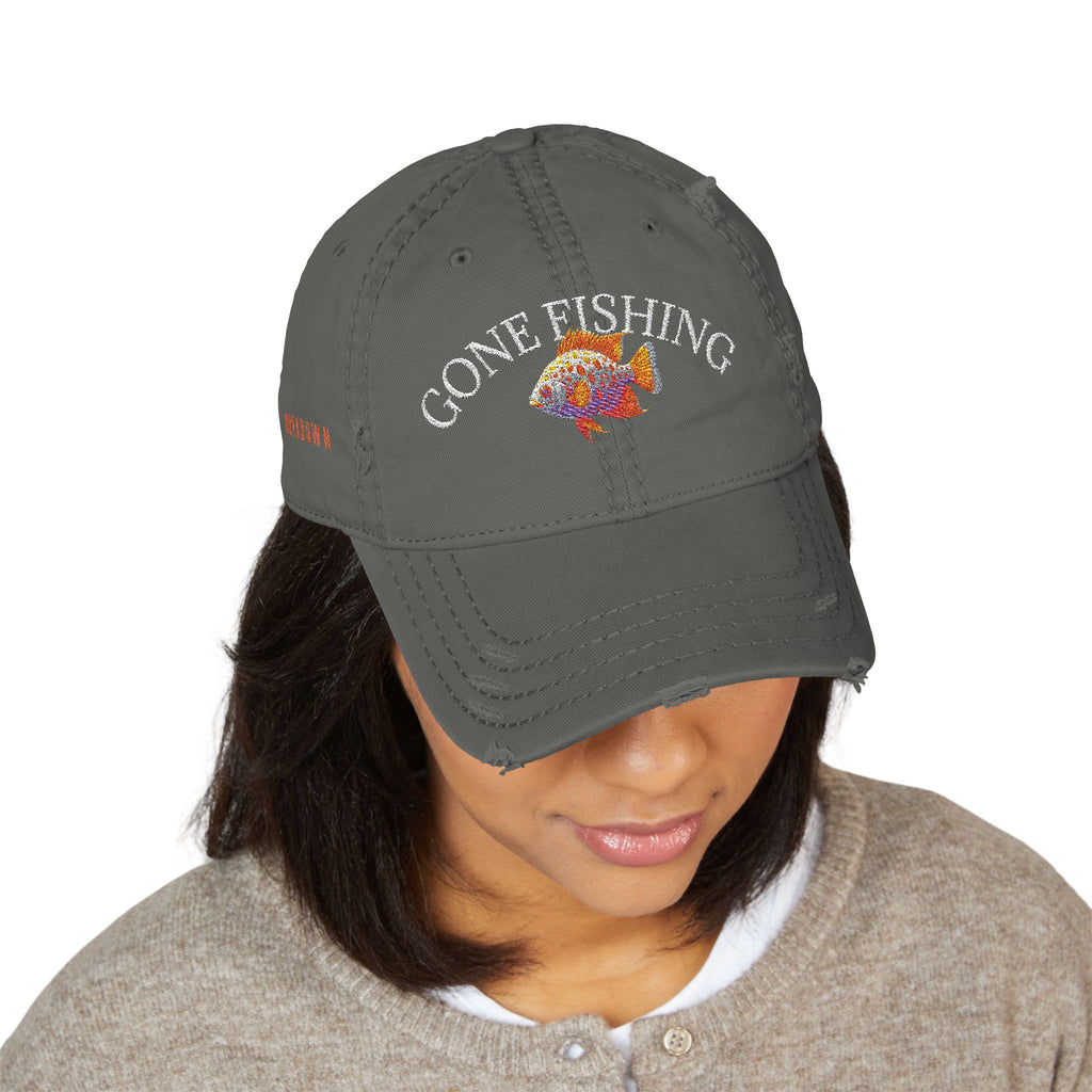 92 - Gone Fishing Embroidered Distressed Dad Hat - Embroidered Vintage Beach Cap