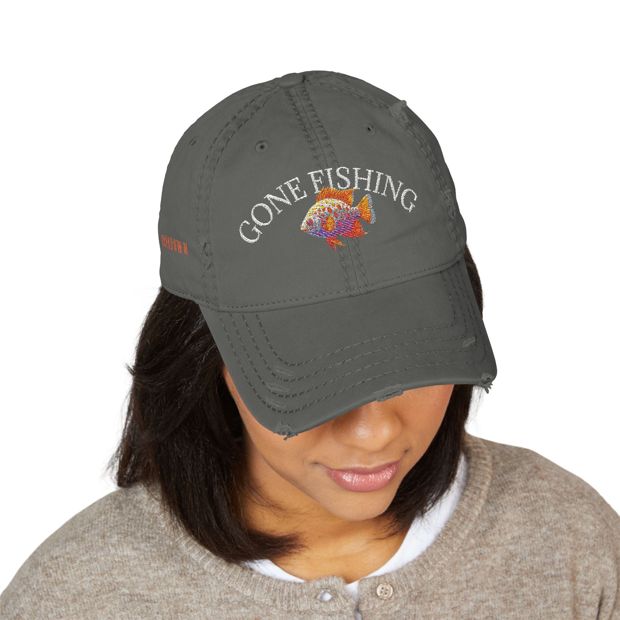 92 - Gone Fishing Embroidered Distressed Dad Hat - Embroidered Vintage Beach Cap