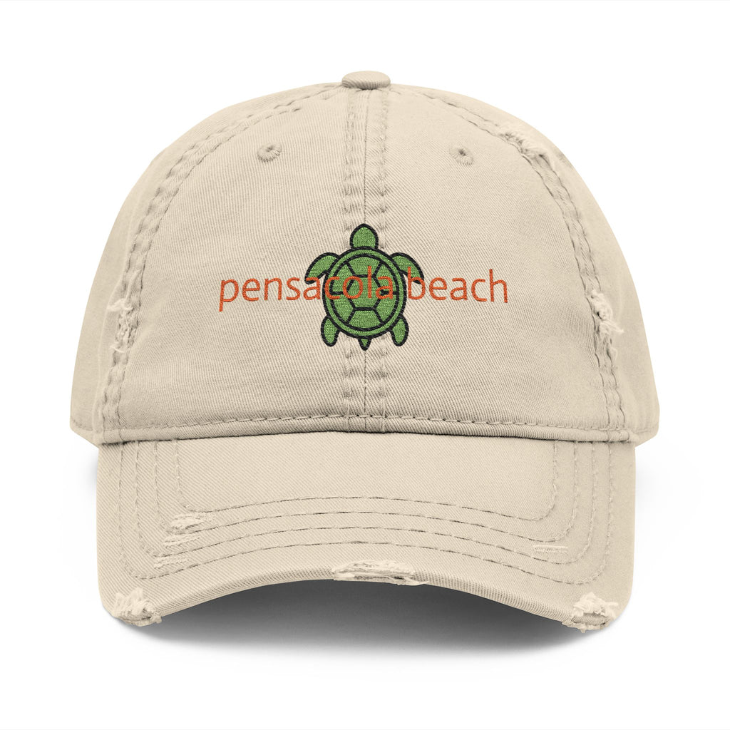 935 - Pensacola Beach Sea Turtle Embroidered Distressed Dad Hat - Embroidered Vintage Beach Cap