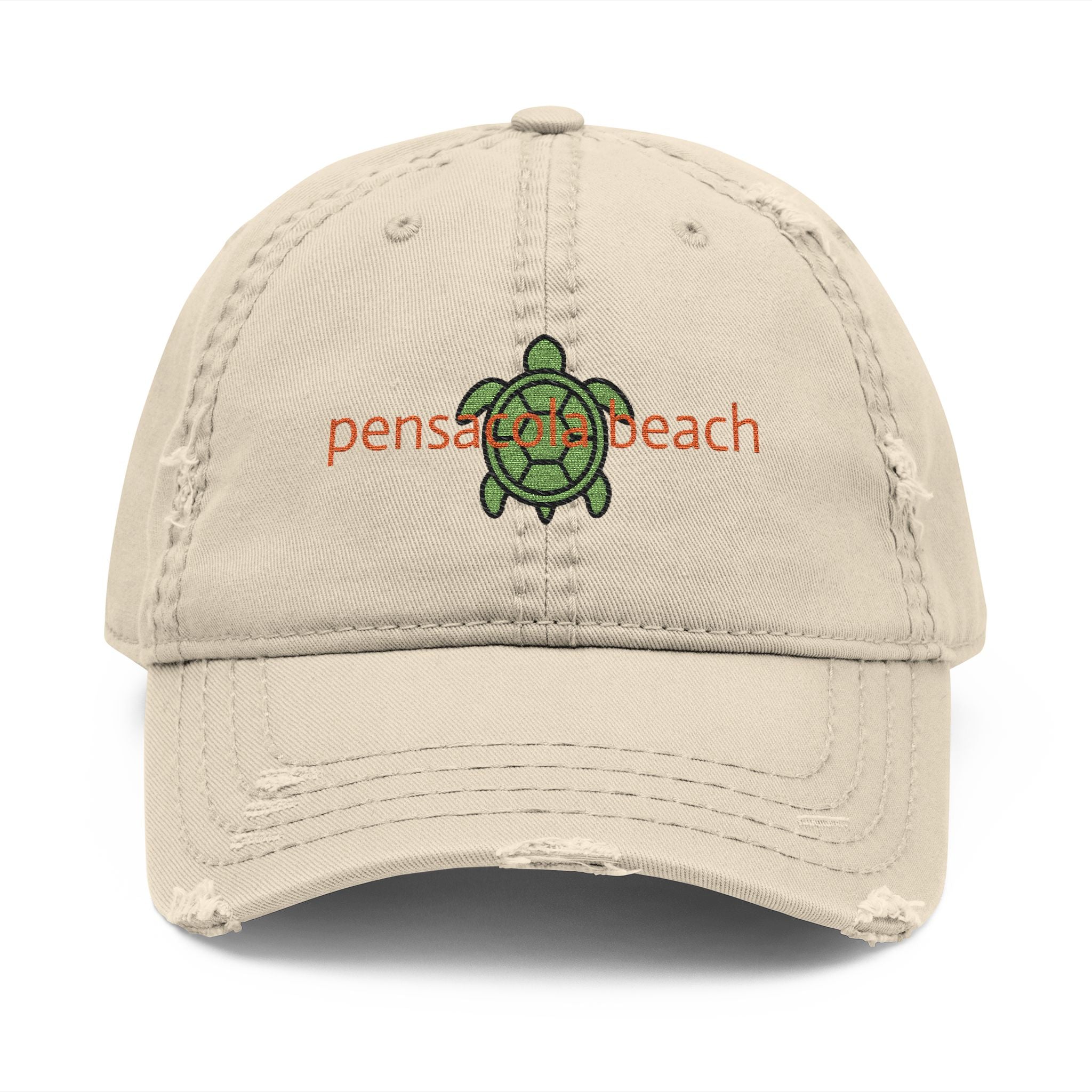 935 - Pensacola Beach Sea Turtle Embroidered Distressed Dad Hat - Embroidered Vintage Beach Cap