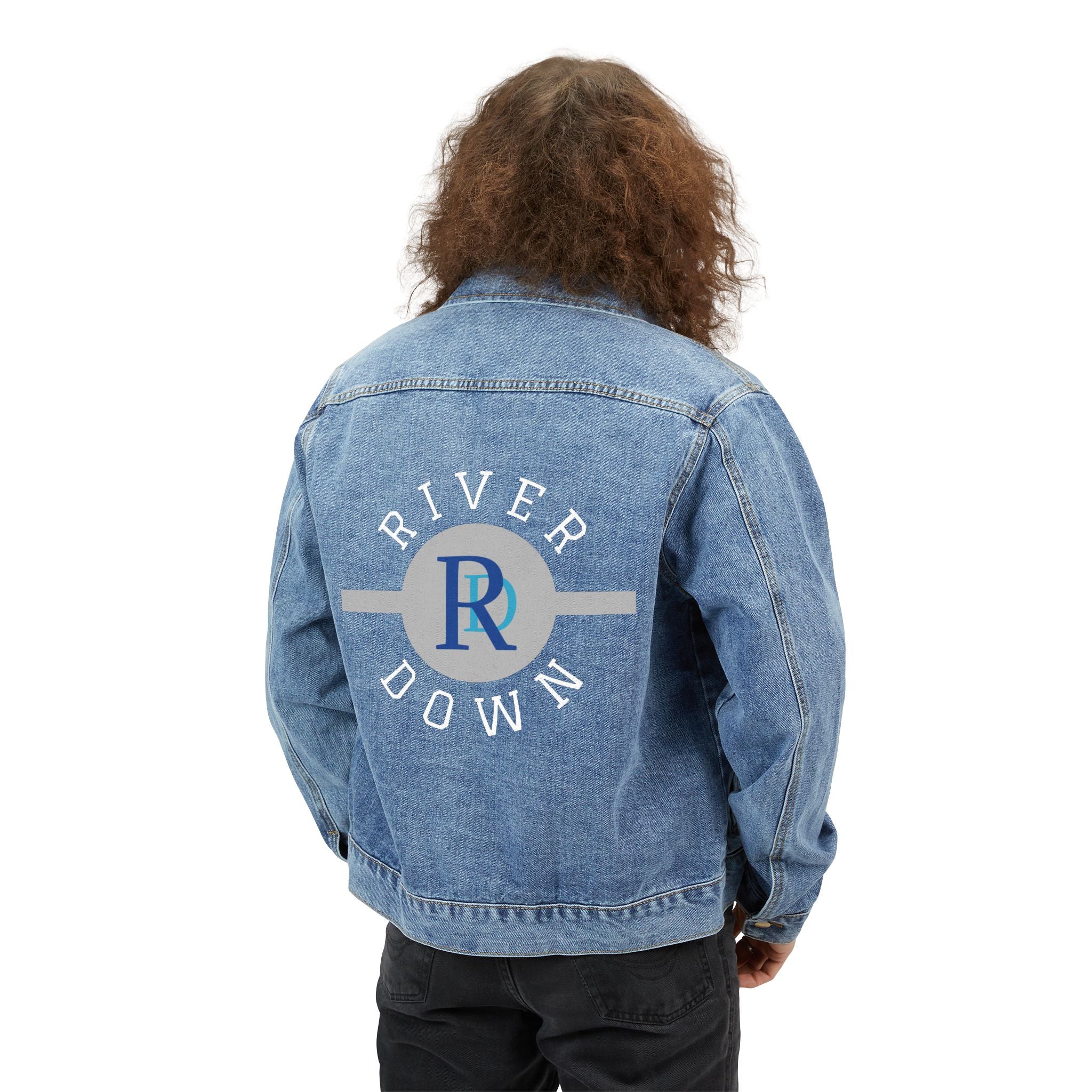 52 - Denim Jacket — 'RIVERDOWN' Circle Back Print Men's Vintage-Style Jean Jacket