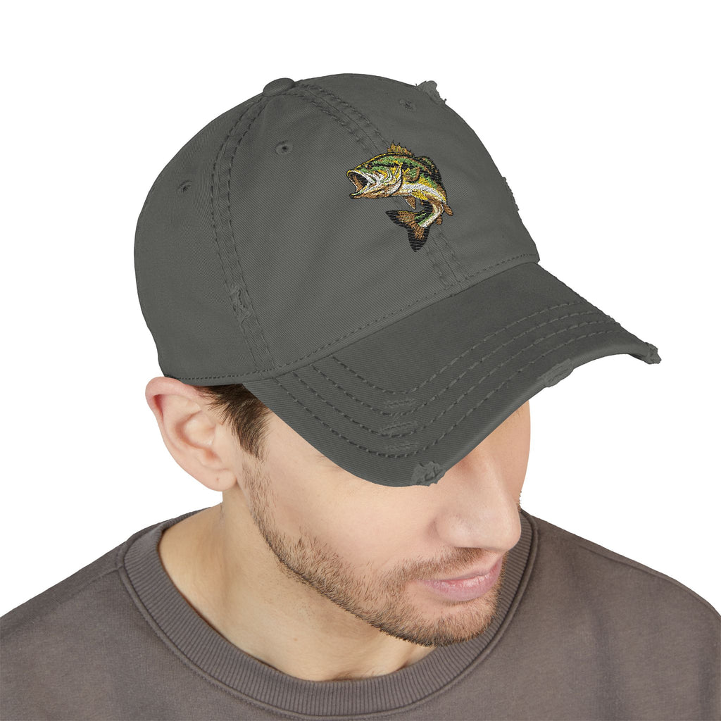 92 - Fish Embroidered Distressed Dad Hat - Embroidered Vintage Beach Cap