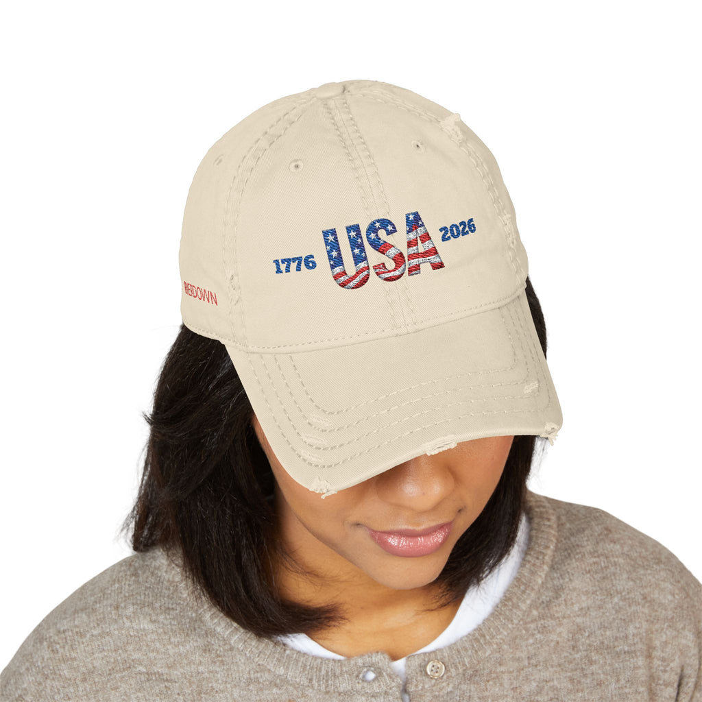 920 - Hat USA 1776 - 2026 Distressed Embroidered 'Riverdown' Dad Hat – Vintage Washed Baseball Cap